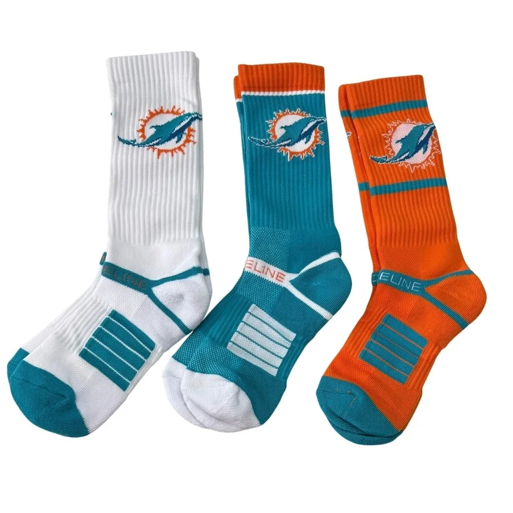 Strideline Miami Dolphins NFL Premium Cushion Crew Socks 3 Pack M/L NEW